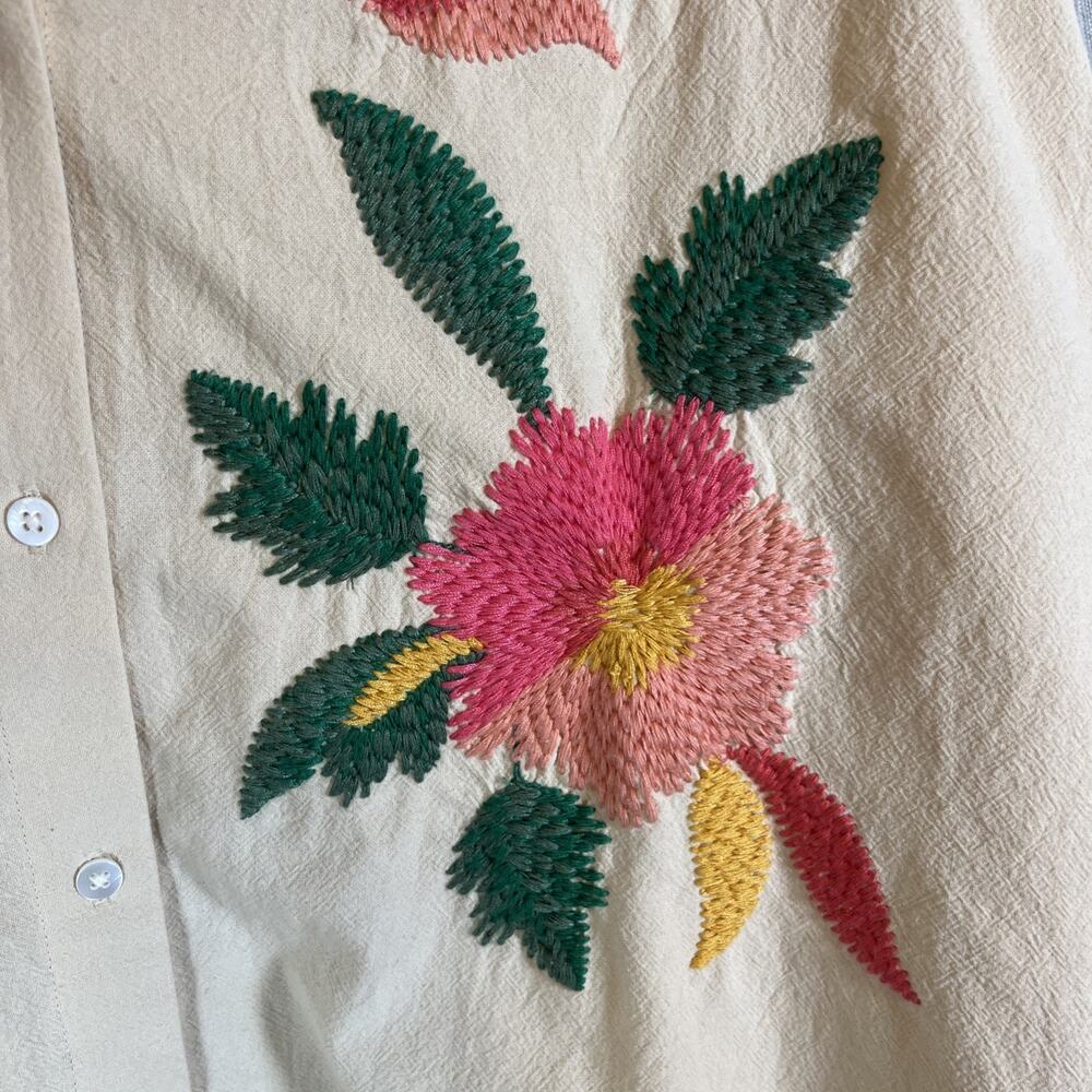 Sezane Maxy Top Shirt Oversized Beige Fits 16 & Up Floral Embroidered Button Up - Picture 11 of 15